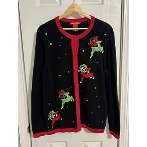 Vintage 1990’s Women’s Merry And Bright Christmas Reindeer Cardigan Sweater, Lg